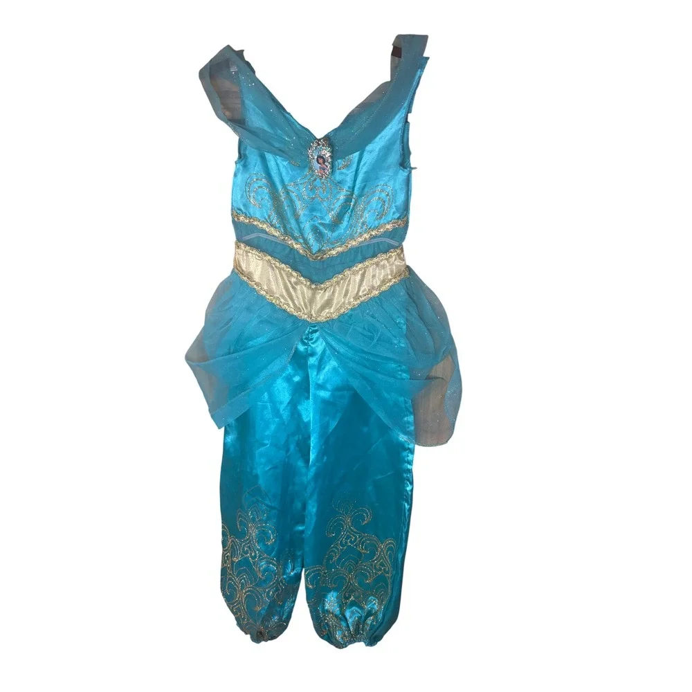 Disney Princess Jasmine Costume Teal Gold Glitter Jumpsuit Girls Size 4-6X